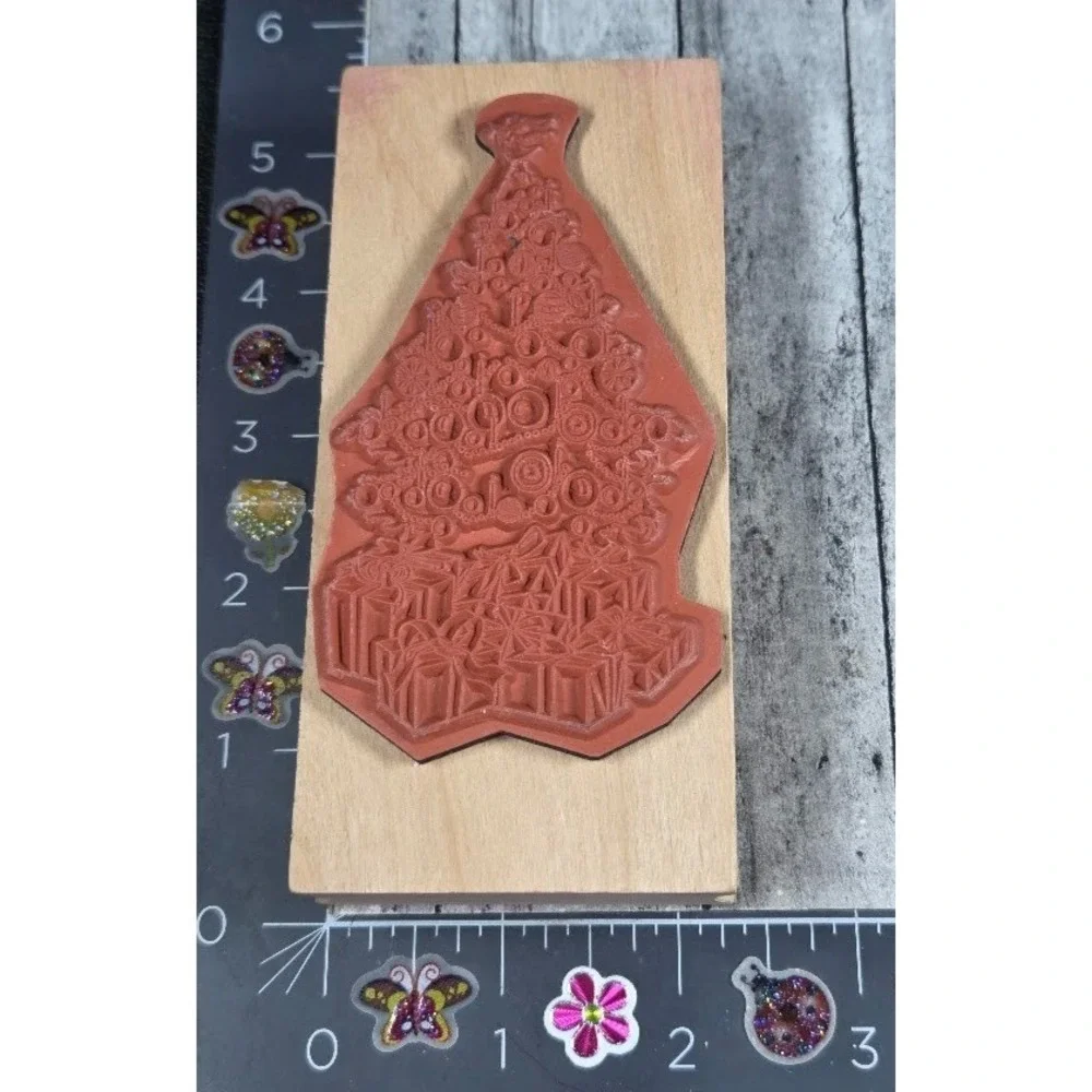 Christmas Holiday Tree Gifts Decorated Ornaments Rubber Stamp Wood #B87